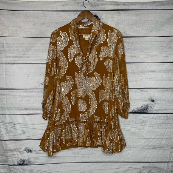 Anthropologie Maeve gold flounce skirt dress petite M - Picture 2 of 14